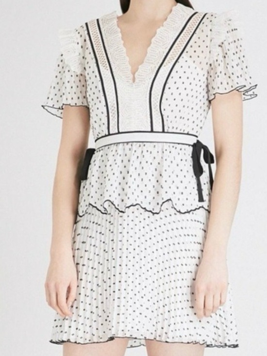 Self-Portrait Dresses & Skirts - Self-Portrait White Mini Dress with Black Polka Dots and Trim, US8